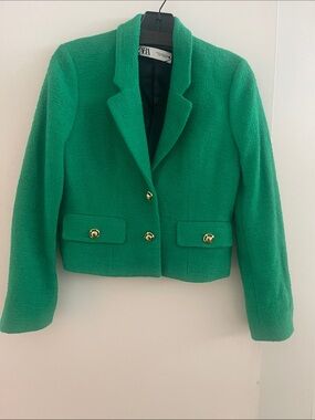 Zara Emerald Green Textured Cropped Blazer with Gold Buttons